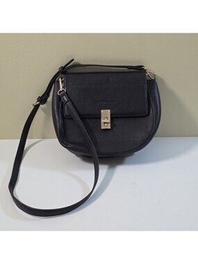 Louenhide Black Vegan Leather Turn Lock Saddle Crossbody Bag Gold Hardware FLAW